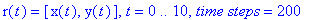 r(t) = [x(t), y(t)], t = 0 .. 10, `time steps` = 200
