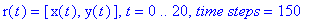 r(t) = [x(t), y(t)], t = 0 .. 20, `time steps` = 150